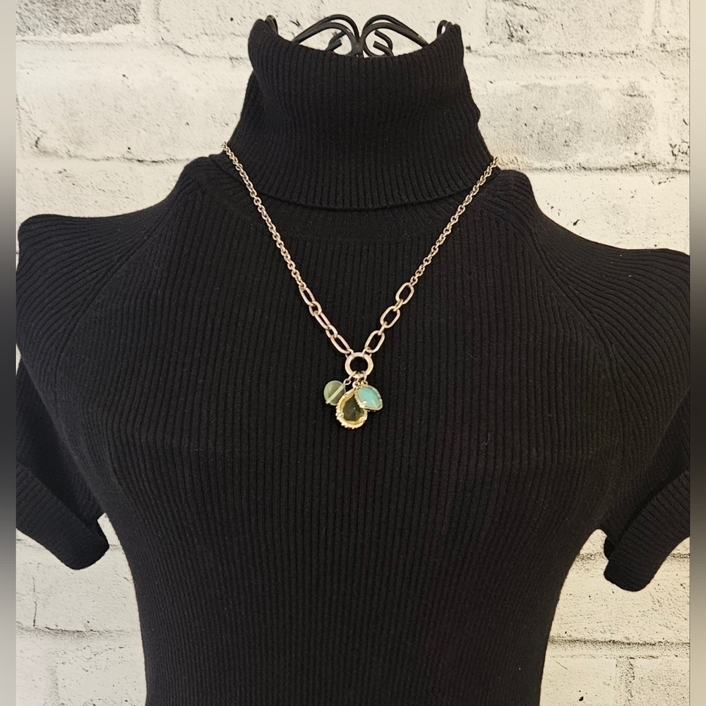 MEXX Gold Tone Charm Cluster Necklace Green Amber Faceted Beads Boho